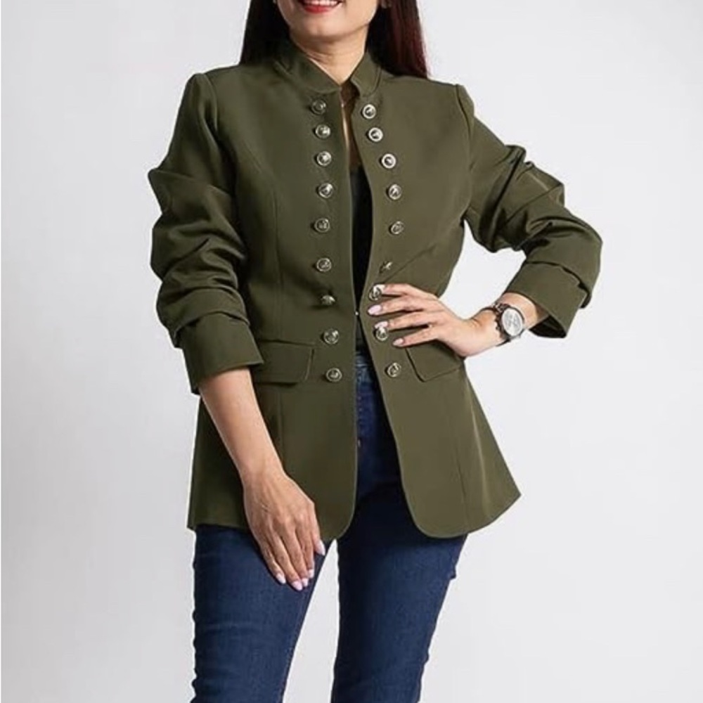 Military style women’s jacket, size: S. Fully lined, open front
